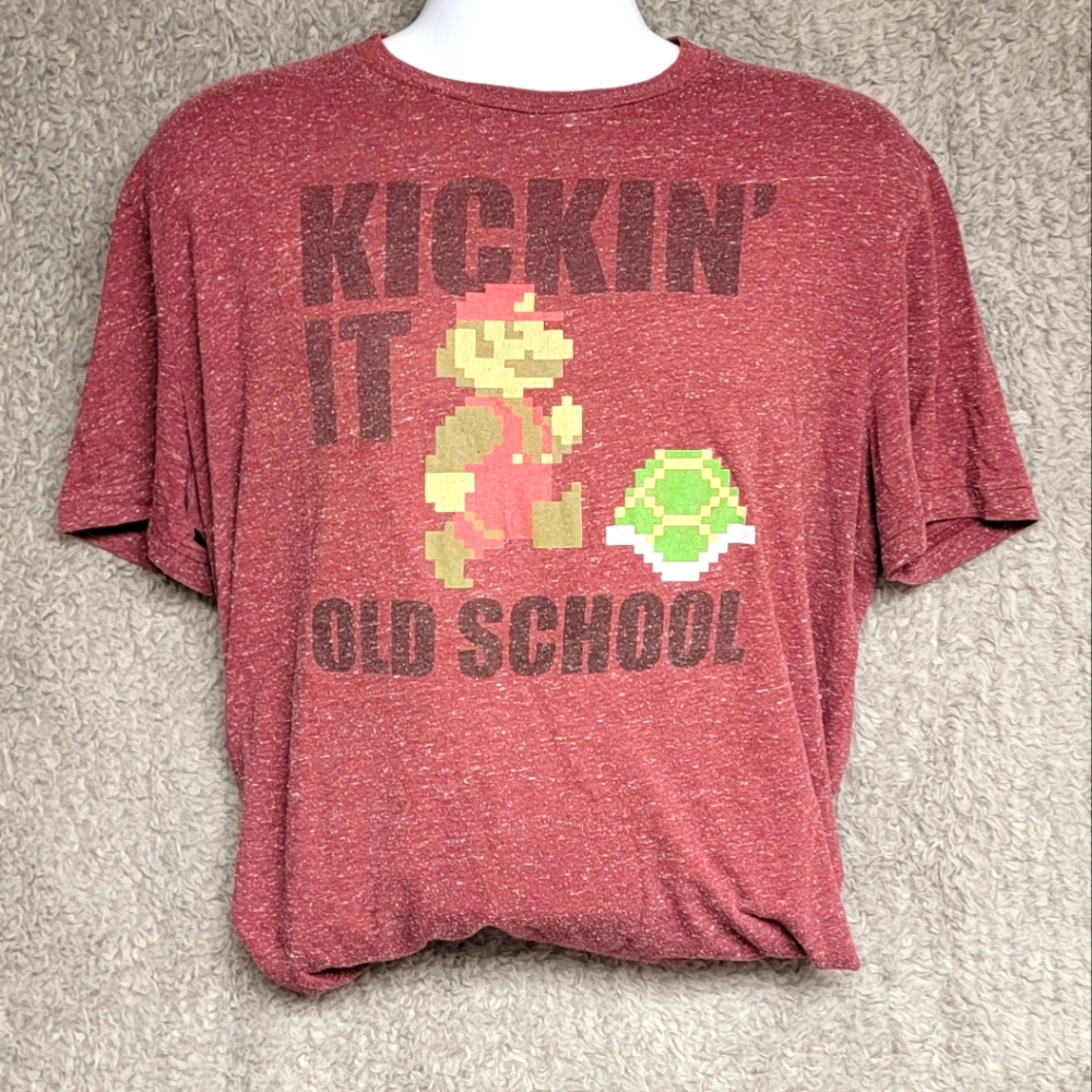 Super Mario Brothers "Kickin It Old School " XL , Short Sleeved Dark Red Tee